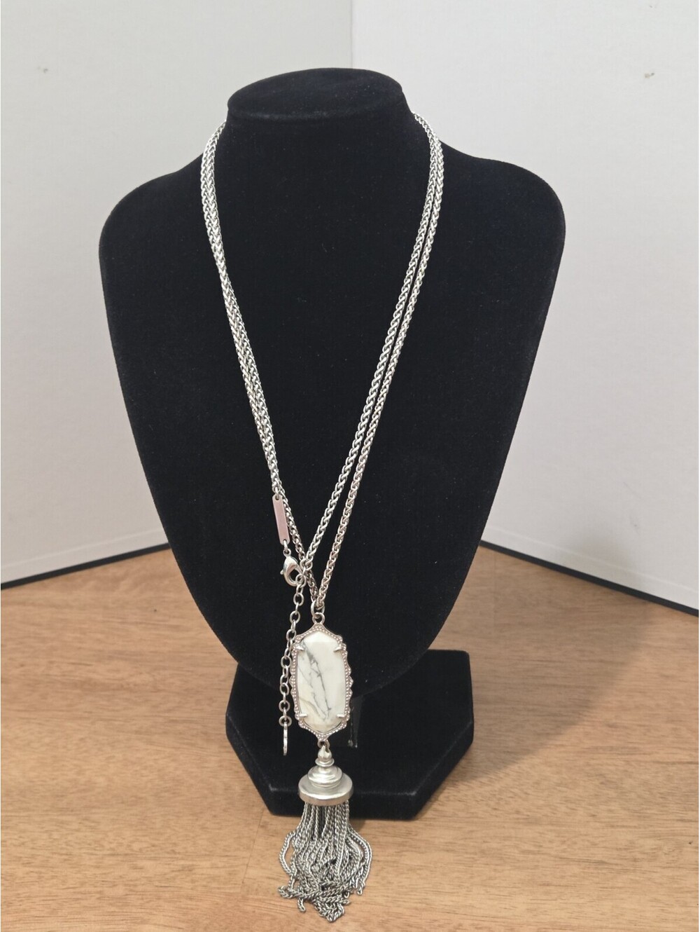 Kendra Scott White Howlite Stone Tassel Pendant Long Necklace Silver Tone Boho